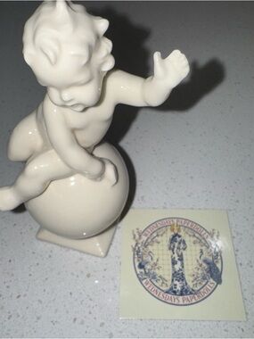 Vintage Mid-Century White Porcelain Cherub on Globe Figurine - T.A. Japan